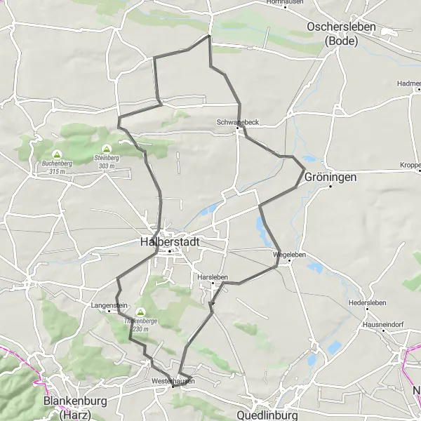 Map miniature of "Westerhausen to Zwieberge Loop" cycling inspiration in Sachsen-Anhalt, Germany. Generated by Tarmacs.app cycling route planner