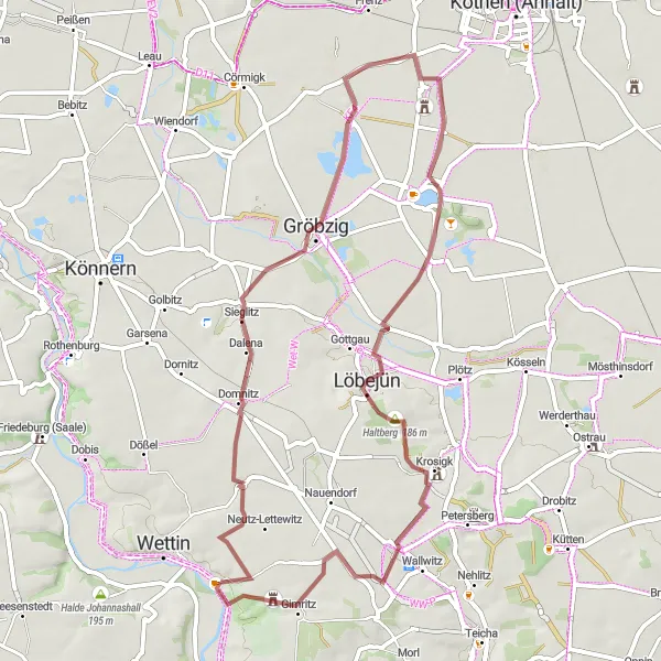 Map miniature of "Wettin Roundtrip - Gravel Route" cycling inspiration in Sachsen-Anhalt, Germany. Generated by Tarmacs.app cycling route planner