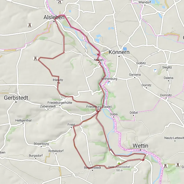 Map miniature of "Wettin Roundtrip - Gravel Route" cycling inspiration in Sachsen-Anhalt, Germany. Generated by Tarmacs.app cycling route planner