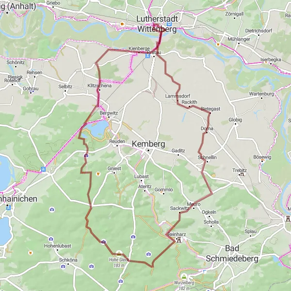 Karten-Miniaturansicht der Radinspiration "Rund um Wittenberg - Lammsdorf und Bunkerberg" in Sachsen-Anhalt, Germany. Erstellt vom Tarmacs.app-Routenplaner für Radtouren