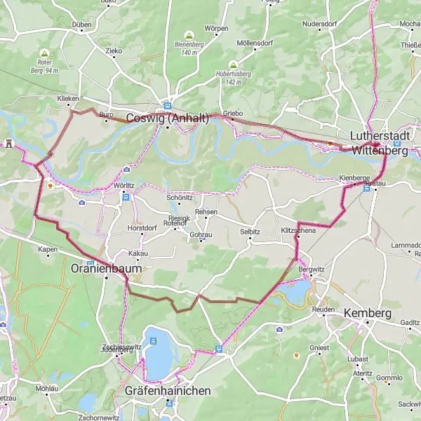 Map miniature of "Coswig Gravel Adventure" cycling inspiration in Sachsen-Anhalt, Germany. Generated by Tarmacs.app cycling route planner