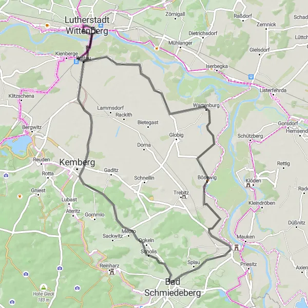 Map miniature of "Wittenberg360 Road Cycling Route" cycling inspiration in Sachsen-Anhalt, Germany. Generated by Tarmacs.app cycling route planner