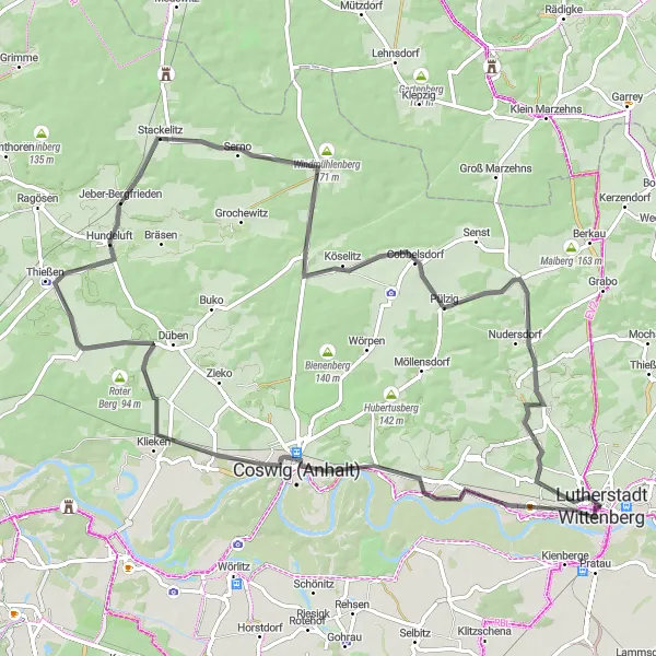 Map miniature of "Wittenberg Road Loop" cycling inspiration in Sachsen-Anhalt, Germany. Generated by Tarmacs.app cycling route planner