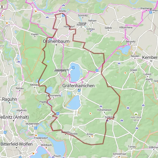 Map miniature of "Wörlitz and Surrounding Gravel Adventure" cycling inspiration in Sachsen-Anhalt, Germany. Generated by Tarmacs.app cycling route planner