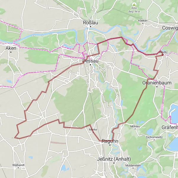 Map miniature of "Wörlitz - Retzau - Fraßdorf - Libbesdorf - Irrgarten Schloss Mosigkau - Dessau - Drehberg" cycling inspiration in Sachsen-Anhalt, Germany. Generated by Tarmacs.app cycling route planner