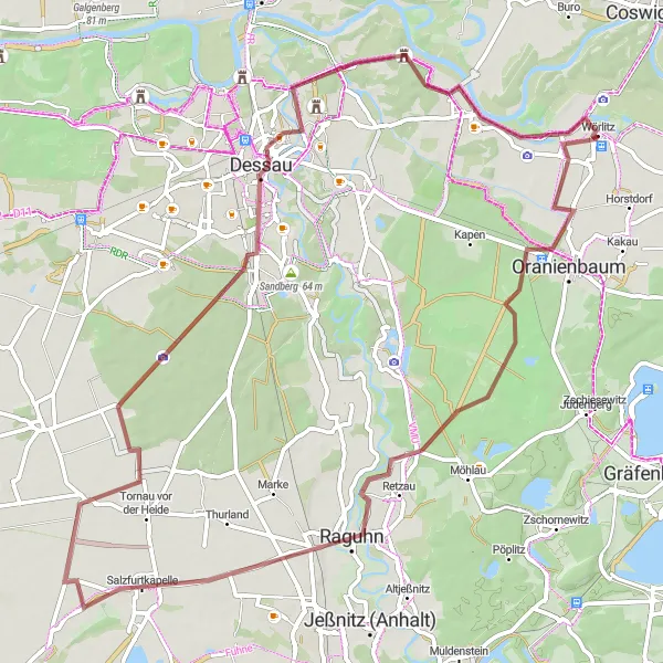 Map miniature of "Wörlitz - Griesen - Raguhn - Hinsdorf - Dessau - Vockerode - Weinberg" cycling inspiration in Sachsen-Anhalt, Germany. Generated by Tarmacs.app cycling route planner