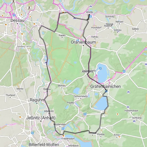 Map miniature of "Wörlitz - Griesen - Stadtbalkon - Gräfenhainichen - Schlaitz - Altjeßnitz - Irrgarten - Mildensee - Vockerode - Bibelturm" cycling inspiration in Sachsen-Anhalt, Germany. Generated by Tarmacs.app cycling route planner
