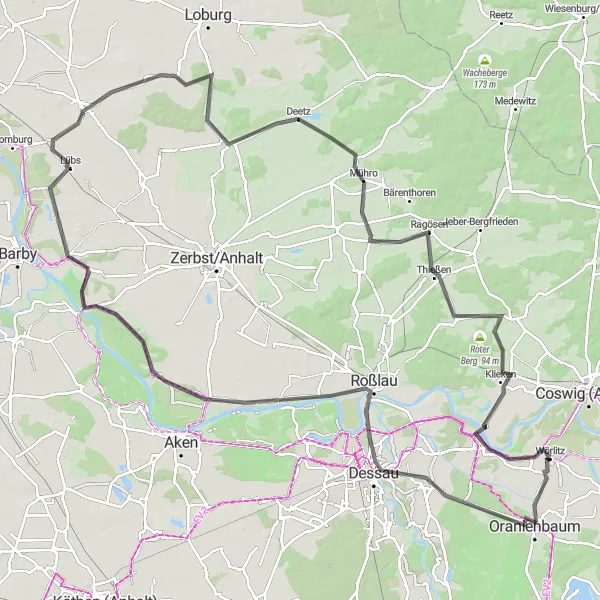 Map miniature of "Wörlitz - Dessau - Galgenberg - Steutz - Gödnitz - Leitzkau - Burg Lindau - Thießen - Bibelturm - Wörlitz" cycling inspiration in Sachsen-Anhalt, Germany. Generated by Tarmacs.app cycling route planner