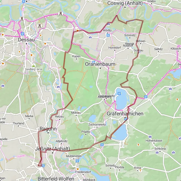 Map miniature of "Wolfen Countryside Gravel Tour" cycling inspiration in Sachsen-Anhalt, Germany. Generated by Tarmacs.app cycling route planner