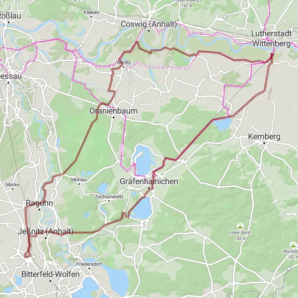 Karten-Miniaturansicht der Radinspiration "Gravel-Tour Wolfen-Retzau-Griesen-Weinberg-Eutzsch-Radis-Gröberner See-Altjeßnitz" in Sachsen-Anhalt, Germany. Erstellt vom Tarmacs.app-Routenplaner für Radtouren