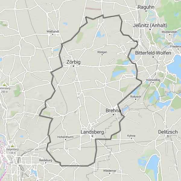 Map miniature of "Wolfen to Sandersdorf Loop" cycling inspiration in Sachsen-Anhalt, Germany. Generated by Tarmacs.app cycling route planner