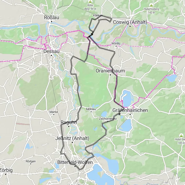 Karten-Miniaturansicht der Radinspiration "Herausfordernde Rundtour nach Bitterfeld-Wolfen" in Sachsen-Anhalt, Germany. Erstellt vom Tarmacs.app-Routenplaner für Radtouren