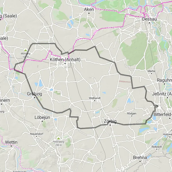 Karten-Miniaturansicht der Radinspiration "Zörbig und Preußlitz Straßenradtour" in Sachsen-Anhalt, Germany. Erstellt vom Tarmacs.app-Routenplaner für Radtouren