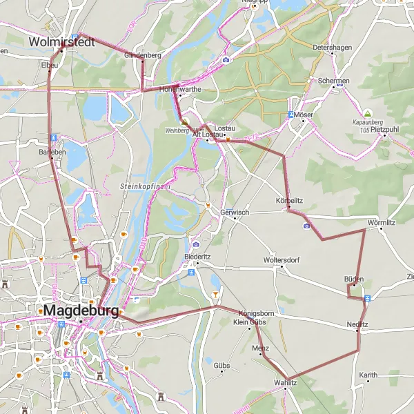 Map miniature of "Hidden Gems: Hohenwarthe to Wolmirstedt Gravel Route" cycling inspiration in Sachsen-Anhalt, Germany. Generated by Tarmacs.app cycling route planner