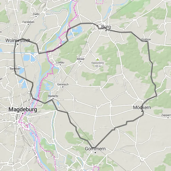 Map miniature of "Wolmirstedt to Glindenberg via Burg and Möckern" cycling inspiration in Sachsen-Anhalt, Germany. Generated by Tarmacs.app cycling route planner