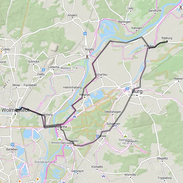 Karten-Miniaturansicht der Radinspiration "Wald- und Burgtour von Wolmirstedt" in Sachsen-Anhalt, Germany. Erstellt vom Tarmacs.app-Routenplaner für Radtouren