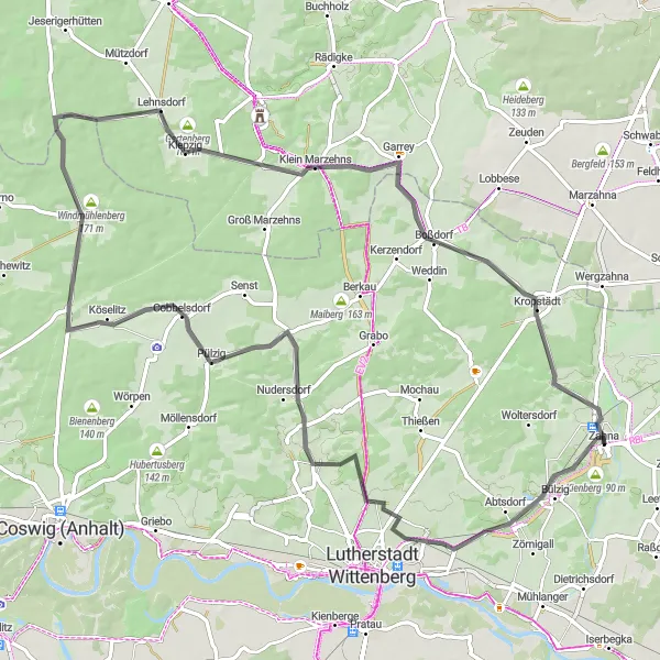 Karten-Miniaturansicht der Radinspiration "Herausfordernde Strecke von Zahna nach Kropstädt" in Sachsen-Anhalt, Germany. Erstellt vom Tarmacs.app-Routenplaner für Radtouren