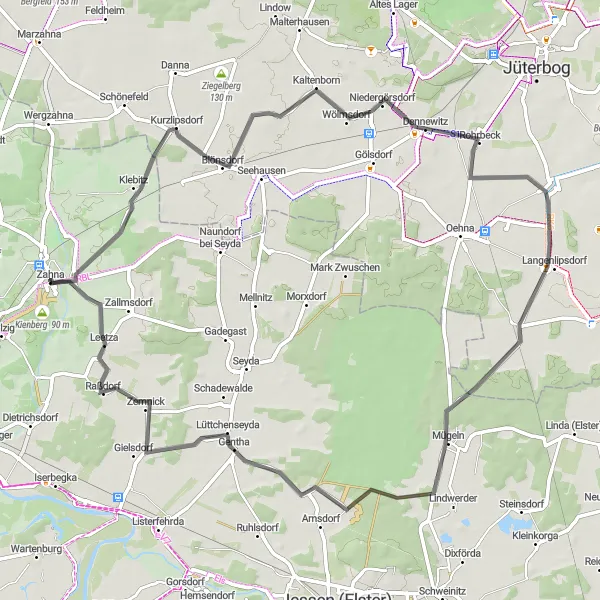 Karten-Miniaturansicht der Radinspiration "Rundtour durch die Dörfer um Zahna" in Sachsen-Anhalt, Germany. Erstellt vom Tarmacs.app-Routenplaner für Radtouren