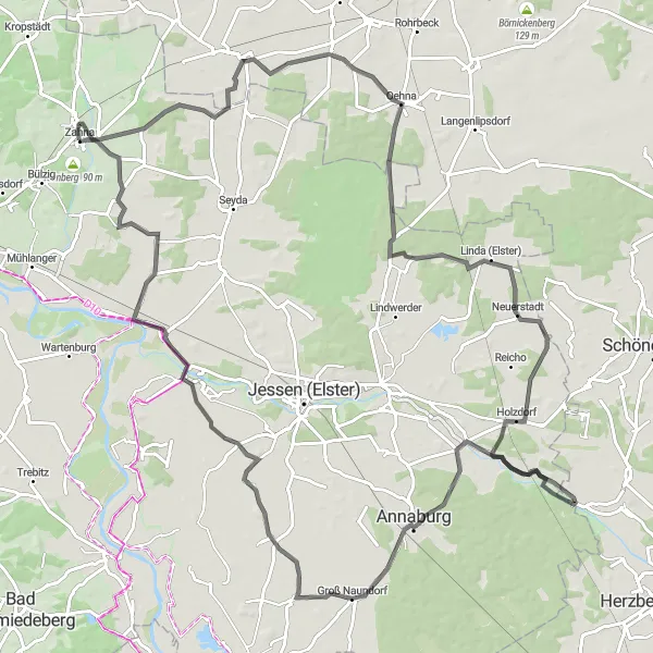 Map miniature of "Zahna Discovery: Countryside Road Tour" cycling inspiration in Sachsen-Anhalt, Germany. Generated by Tarmacs.app cycling route planner