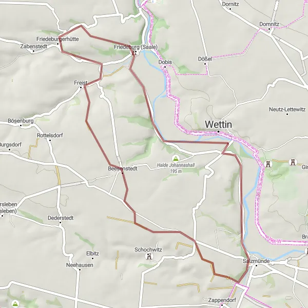 Map miniature of "Freist - Bismarckturm Wettin - Wettin - Belvedere Salzmünde - Salzmünde" cycling inspiration in Sachsen-Anhalt, Germany. Generated by Tarmacs.app cycling route planner