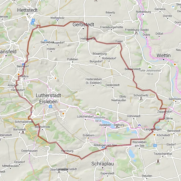 Map miniature of "Amsdorf - Wicken-Berg - Wimmelburg - Helbra - Questenberg - Freist - Zappendorf" cycling inspiration in Sachsen-Anhalt, Germany. Generated by Tarmacs.app cycling route planner