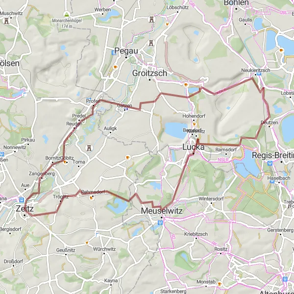 Map miniature of "Zeitz Gravel Adventure" cycling inspiration in Sachsen-Anhalt, Germany. Generated by Tarmacs.app cycling route planner