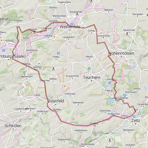 Karten-Miniaturansicht der Radinspiration "Rundweg Droyßig-Görschen" in Sachsen-Anhalt, Germany. Erstellt vom Tarmacs.app-Routenplaner für Radtouren