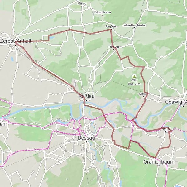 Map miniature of "Zerbst - Weinberg" cycling inspiration in Sachsen-Anhalt, Germany. Generated by Tarmacs.app cycling route planner