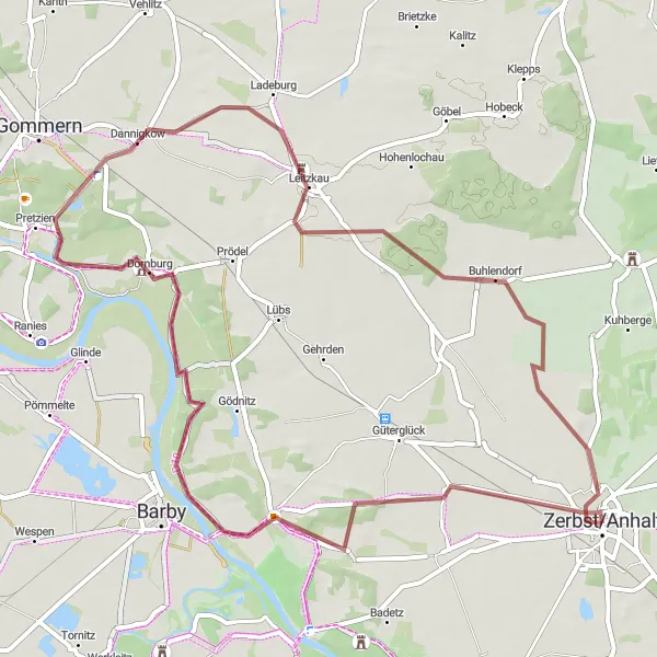 Map miniature of "Zerbst - Dornburg" cycling inspiration in Sachsen-Anhalt, Germany. Generated by Tarmacs.app cycling route planner