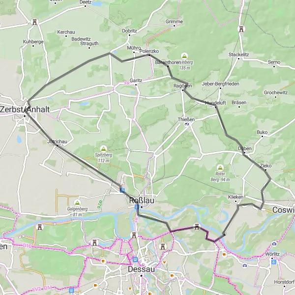 Map miniature of "Zerbst - Roßlau" cycling inspiration in Sachsen-Anhalt, Germany. Generated by Tarmacs.app cycling route planner