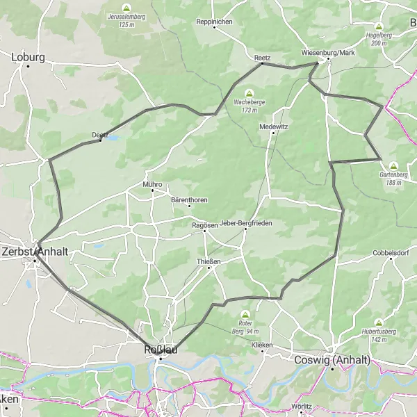 Karten-Miniaturansicht der Radinspiration "Rundtour um Zerbst" in Sachsen-Anhalt, Germany. Erstellt vom Tarmacs.app-Routenplaner für Radtouren