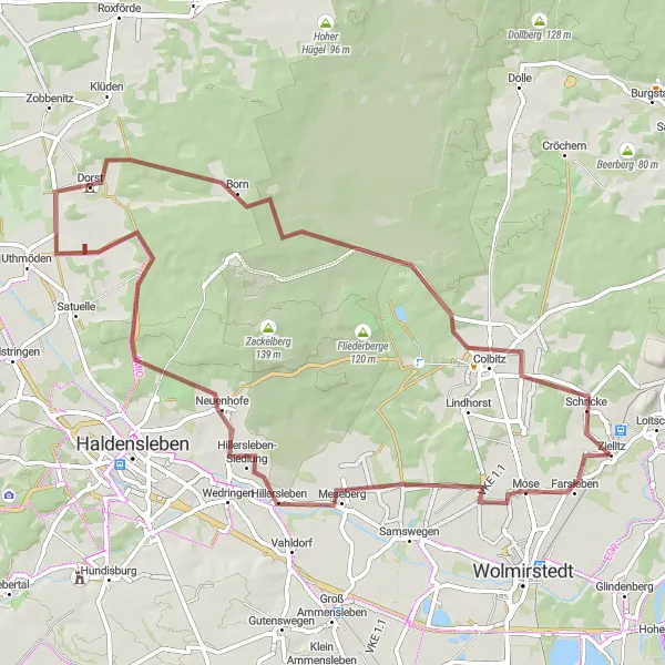 Map miniature of "The Hillersleben Loop" cycling inspiration in Sachsen-Anhalt, Germany. Generated by Tarmacs.app cycling route planner