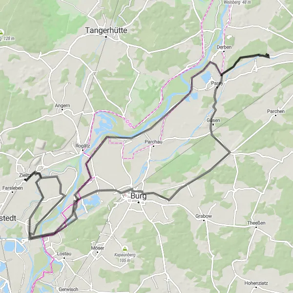 Map miniature of "The Riverside Ride" cycling inspiration in Sachsen-Anhalt, Germany. Generated by Tarmacs.app cycling route planner