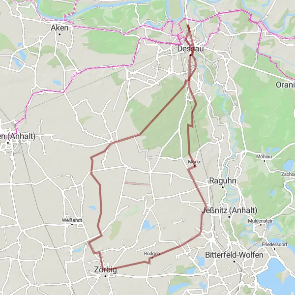 Karten-Miniaturansicht der Radinspiration "Graveltour durch Meilendorf und Dessau" in Sachsen-Anhalt, Germany. Erstellt vom Tarmacs.app-Routenplaner für Radtouren