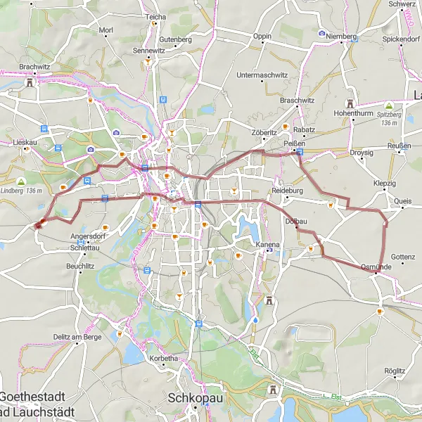 Map miniature of "The Gravel Loop: Zscherben and More" cycling inspiration in Sachsen-Anhalt, Germany. Generated by Tarmacs.app cycling route planner