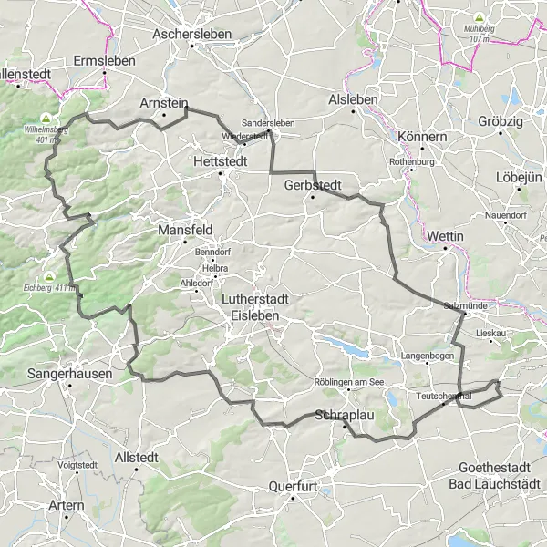 Map miniature of "Road Cycling Tour through Scenic Landscapes" cycling inspiration in Sachsen-Anhalt, Germany. Generated by Tarmacs.app cycling route planner