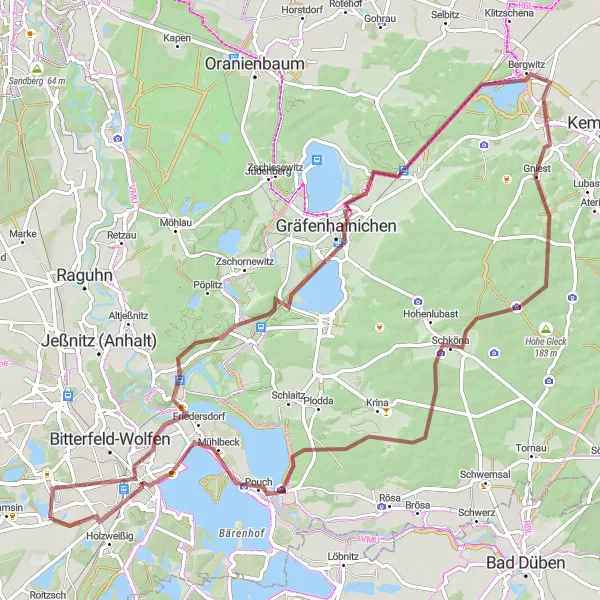 Map miniature of "Muldenstein Gravel Adventure" cycling inspiration in Sachsen-Anhalt, Germany. Generated by Tarmacs.app cycling route planner