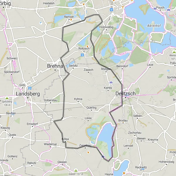 Map miniature of "Zscherndorf - Petersroda - Delitzsch - Zwochau - Galgenberg - Renneritz - Zscherndorf" cycling inspiration in Sachsen-Anhalt, Germany. Generated by Tarmacs.app cycling route planner