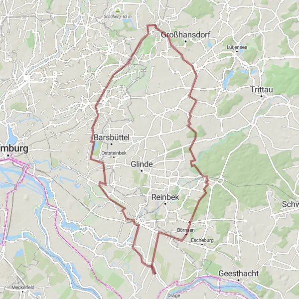 Map miniature of "Around Siek and Aumühle on Gravel" cycling inspiration in Schleswig-Holstein, Germany. Generated by Tarmacs.app cycling route planner