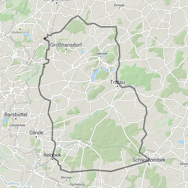 Map miniature of "Ahrensburg to Stein-Berg Loop" cycling inspiration in Schleswig-Holstein, Germany. Generated by Tarmacs.app cycling route planner