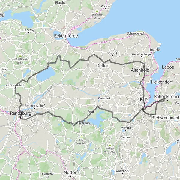 Map miniature of "Klein Wittensee-Kiel Scenic Road Cycling Route" cycling inspiration in Schleswig-Holstein, Germany. Generated by Tarmacs.app cycling route planner