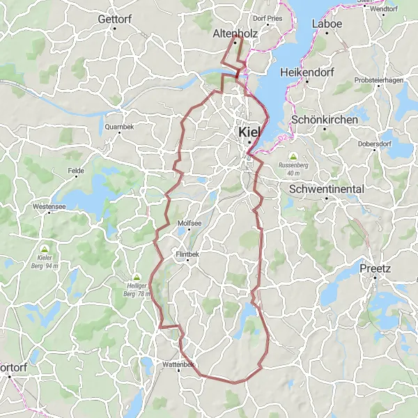 Map miniature of "Coast to Countryside Gravel Expedition - Challenging Ride from Kiel" cycling inspiration in Schleswig-Holstein, Germany. Generated by Tarmacs.app cycling route planner