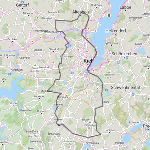 Map miniature of "Kiel Adventure - Scenic Road Cycling Experience" cycling inspiration in Schleswig-Holstein, Germany. Generated by Tarmacs.app cycling route planner