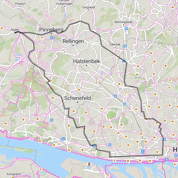 Karten-Miniaturansicht der Radinspiration "Pinneberg-Altona Rundkurs" in Schleswig-Holstein, Germany. Erstellt vom Tarmacs.app-Routenplaner für Radtouren