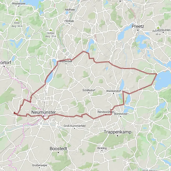 Map miniature of "Through Lakes and Hills" cycling inspiration in Schleswig-Holstein, Germany. Generated by Tarmacs.app cycling route planner