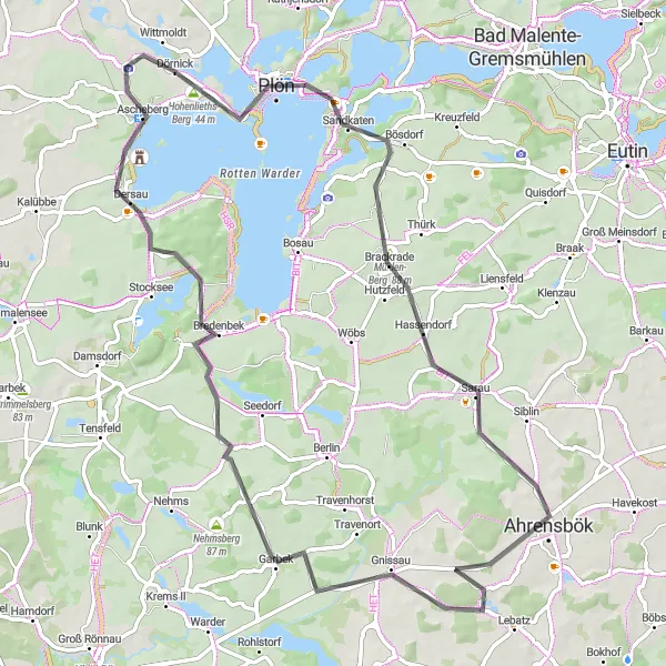 Map miniature of "Mühlen-Berg to Wittmoldt Round Trip" cycling inspiration in Schleswig-Holstein, Germany. Generated by Tarmacs.app cycling route planner