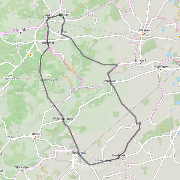 Map miniature of "Aukrug Loop" cycling inspiration in Schleswig-Holstein, Germany. Generated by Tarmacs.app cycling route planner