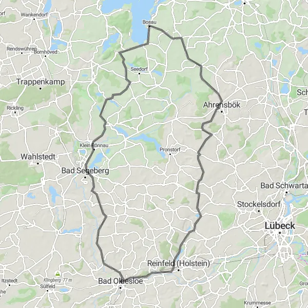 Map miniature of "Road to Segeberg: A Scenic Journey with Iconic Landmarks" cycling inspiration in Schleswig-Holstein, Germany. Generated by Tarmacs.app cycling route planner
