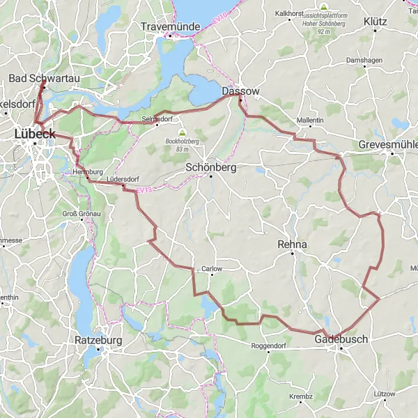 Map miniature of "Into the Wilderness" cycling inspiration in Schleswig-Holstein, Germany. Generated by Tarmacs.app cycling route planner
