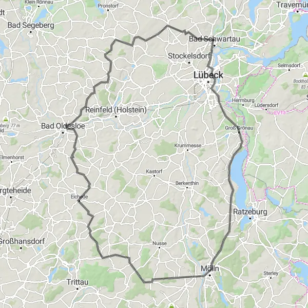 Karten-Miniaturansicht der Radinspiration "Rund um Groß Grönau" in Schleswig-Holstein, Germany. Erstellt vom Tarmacs.app-Routenplaner für Radtouren